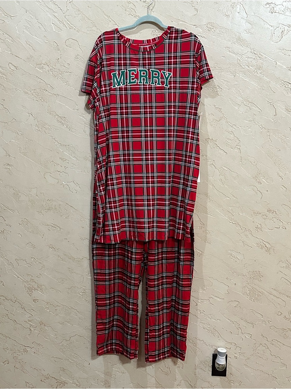 Joyspun Junior’s Sleepshirt & Sleep Pant Red Tartan Plaid Holiday PJs  Sz L NEW
